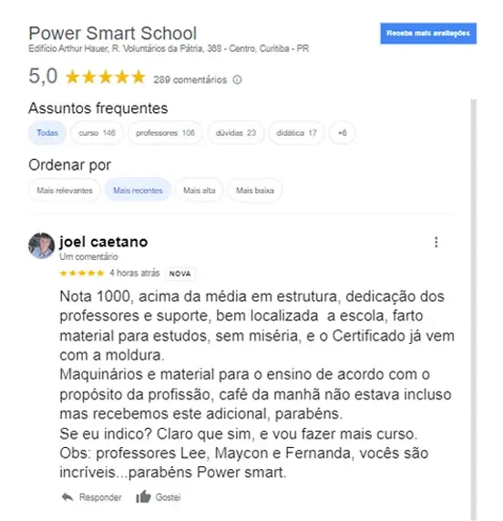 Card de depoimento de alunos Power Smart School