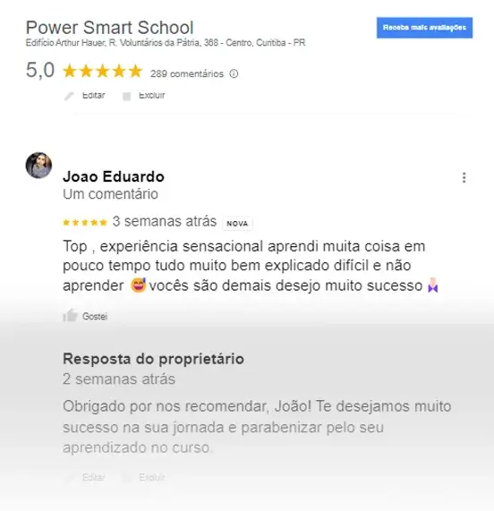Card de depoimento de alunos Power Smart School