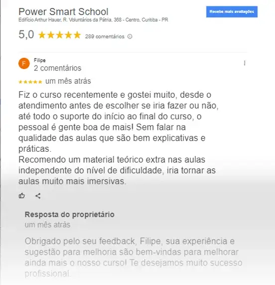 Card de depoimento de alunos Power Smart School