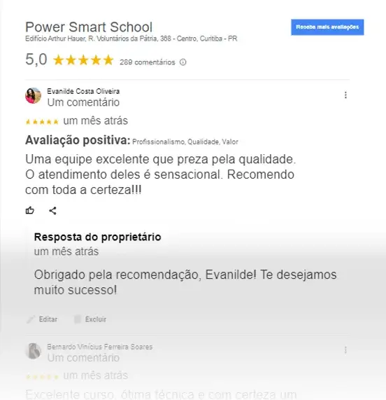 Card de depoimento de alunos Power Smart School
